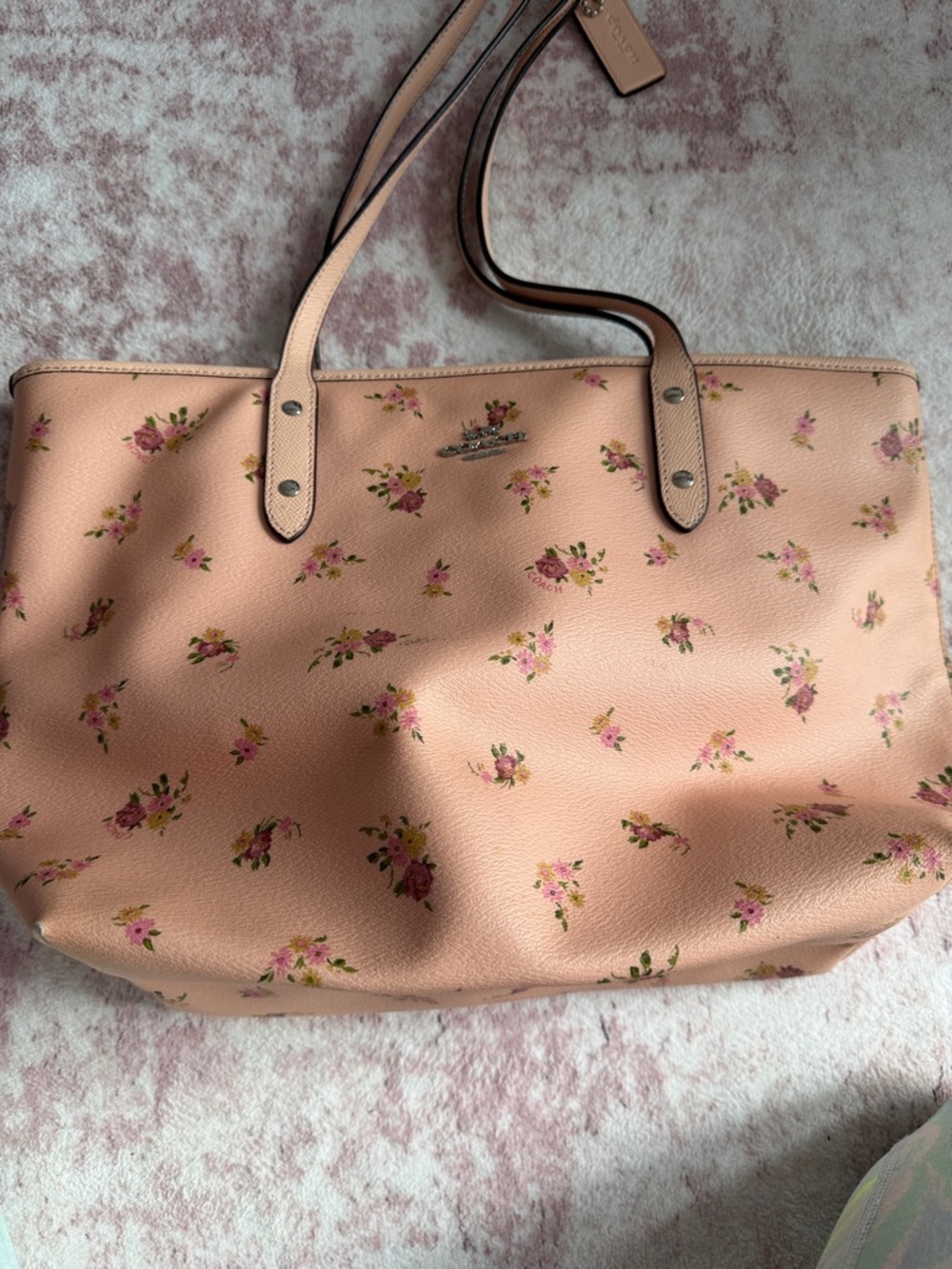 Coach Peach Floral Pebbled Leather Tote